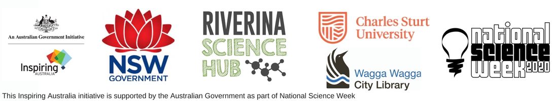 Logos for Inspiring Australia, NSW Government, Riverina Science Hub, Charles Sturt University, Wagga Wagga City Library and National Science Week 2020