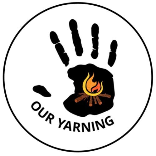 Our Yarning logo, handprint in black paint with image of wood fire on the palm