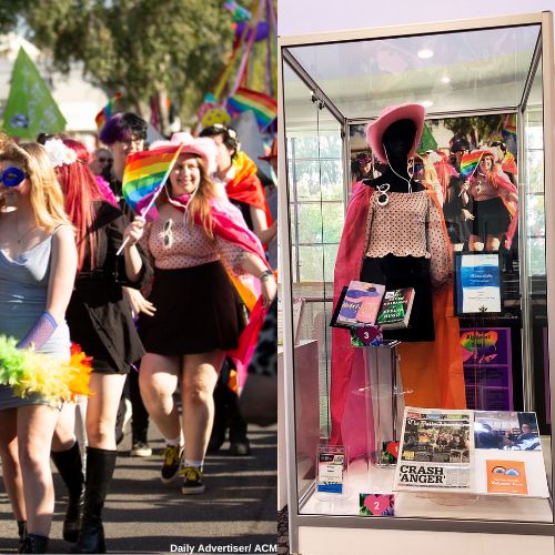 Girl in colourful outfit marching in Pride parade, display case exhibiting outfit and associated newspaper articles  