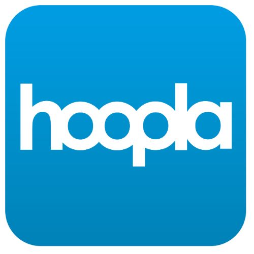 hoopla logo, white writing on blue background