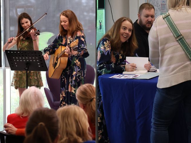 Two photos showing Katrina playing guitar, and signing books.