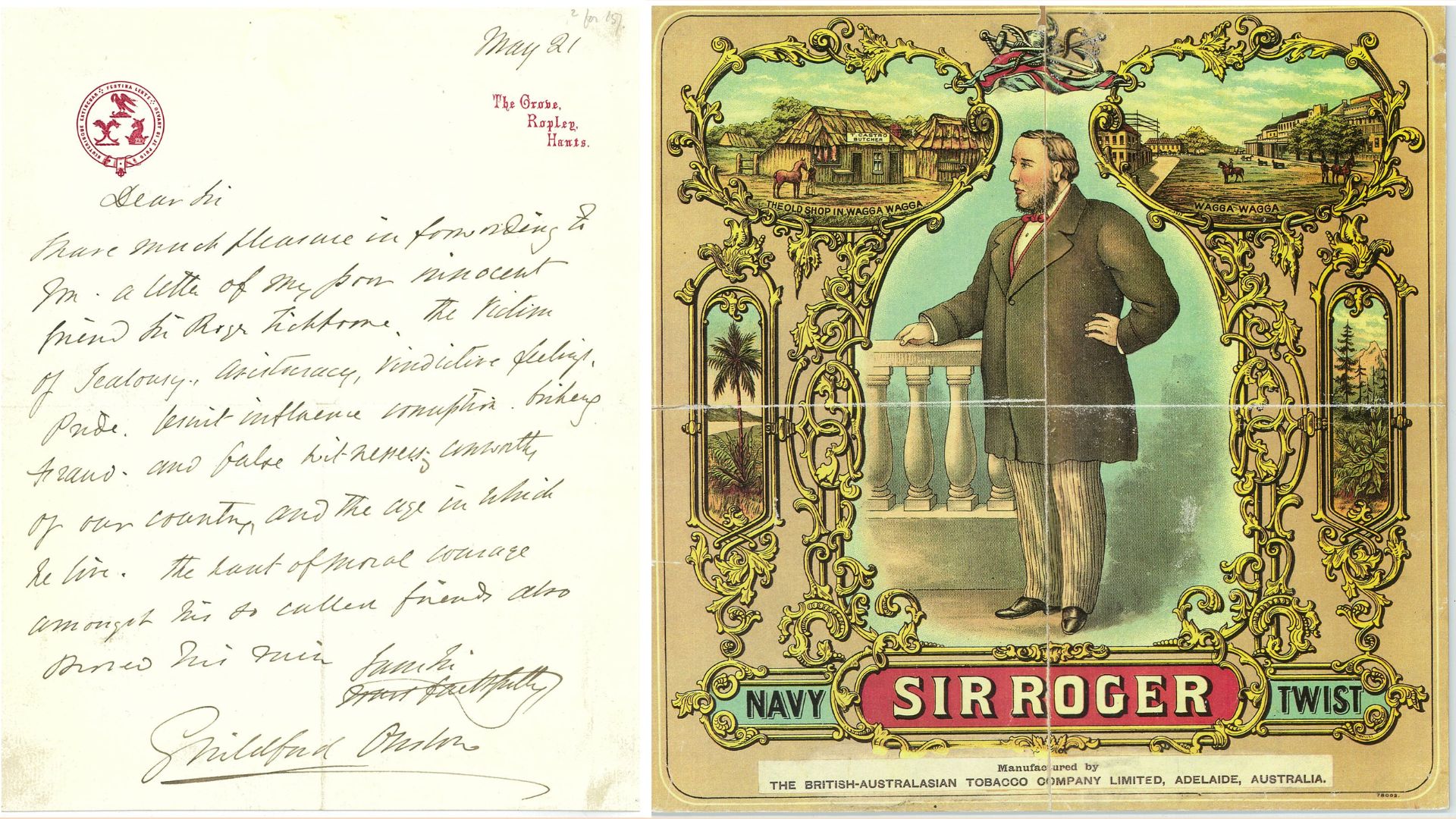 Letter of support for Tichborne from Onslow and Tobacco ad