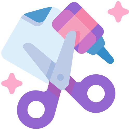 A pink and purple cartoony pair of scissors, with glue, paper and starsgraphic picture