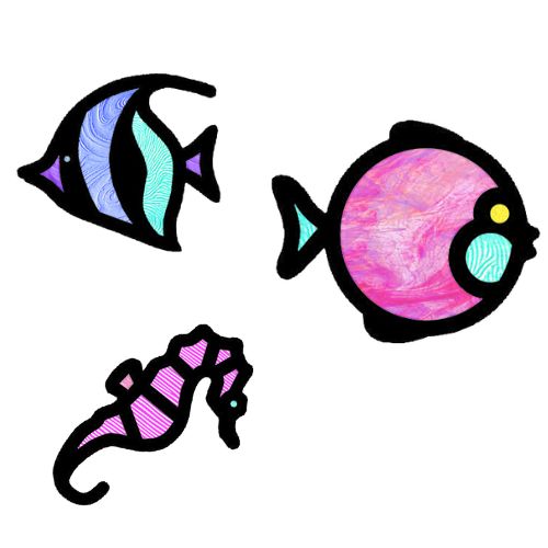 Cellophane fish in bright colours with strong black outlines