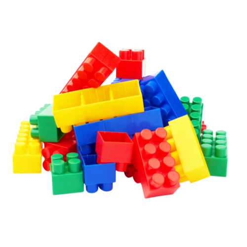 A pile of colourful Lego bricks in front of a white background.