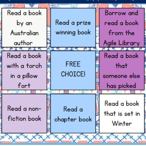 A colourful grid shows challenges like "read a chapter book" and "Read a book set in winter" 
