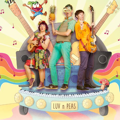 Three members of the band pose on a vehicle made of instruments, before a psychedelic backdrop