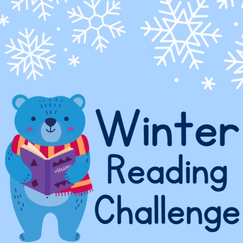 A design of a blue cartoon bear reading a book with 'Winter Reading Challenge' written beside it.
