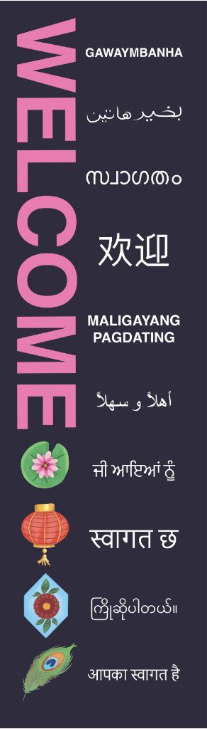 Banner featuring the word 'welcome' in different languages and cultural iconography.